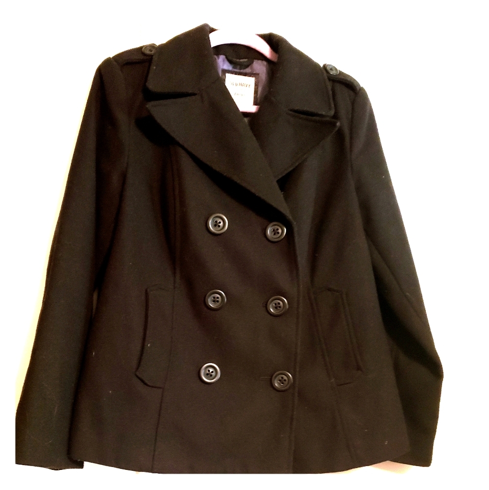 EUC OLD NAVY BLACK SIZE LARGE WOOL BLEND PEA COAT